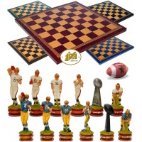 Completo scacchi tematici Football Americano. Re h cm.8, e scacchiera Italfama, similcuoio, colore a scelta, cm. 40x40, campo da gioco cm. 36x36, casa cm. 4,5x4,5.