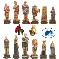 Completo scacchi tematici Romani vs Gladiatori. Re h cm.8 e scacchiera Rechapados 1135-40 intarsio black anigre e acero cm.40x40x1,3, casa mm.40x40. Set domino in omaggio.