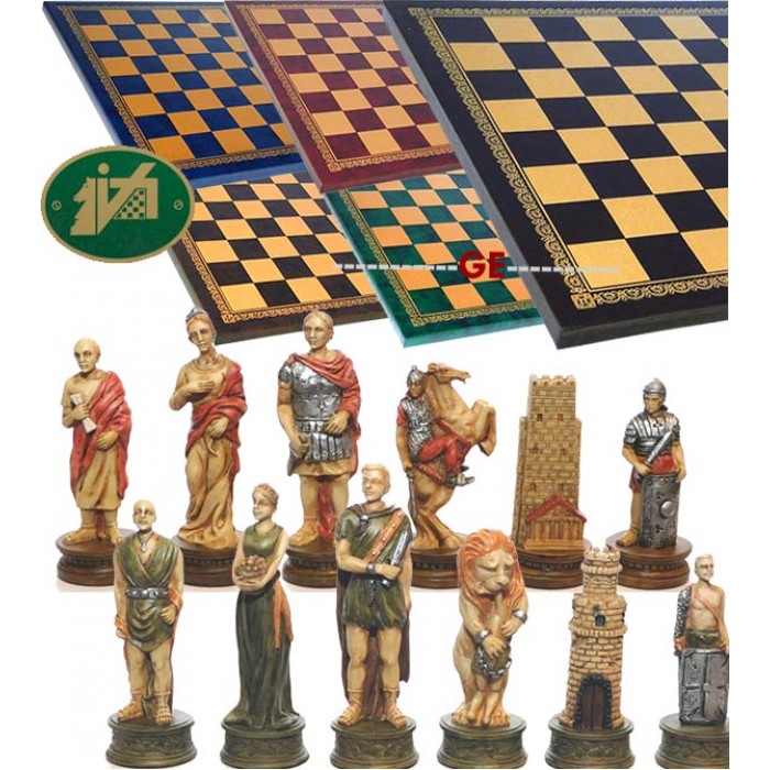 Completo scacchi tematici figure dell’ antichità Romani vs Gladiatori. Re h cm.8, e scacchiera Italfama similcuoio, colore a scelta, cm. 40x40, campo da gioco cm. 36x36, casa mm.45x45.