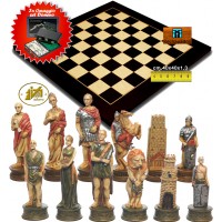 Completo scacchi tematici Romani vs Gladiatori. Re h cm.8 e scacchiera Rechapados 1135-40 intarsio black anigre e acero cm.40x40x1,3, casa mm.40x40. Set domino in omaggio.