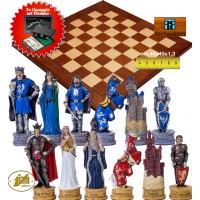 Completo scacchi tematici King Artur. Re h cm.8 e scacchiera Rechapados intarsio mogano e acero cm.45x45x1,3, casa mm.45x45. Set domino in omaggio.