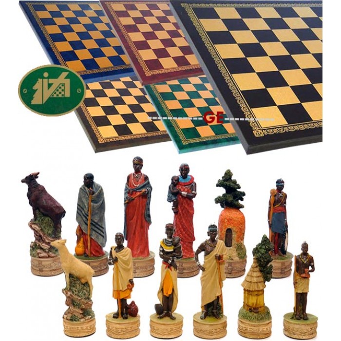Completo scacchi tematici figure di tribù Masai. Re h cm.8 con scacchiera Italfama, similcuoio, colore a scelta, cm. 40x40, campo da gioco cm. 36x36, casa cm. 4,5x4,5.