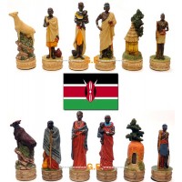 Scacchi artistici figurati a tema, in resina dipinti a mano, Italfama Firenze. Figure delle tribù africane Masai. Re ht. cm.8. base diametro cm.2,5. Originale Idea regalo!