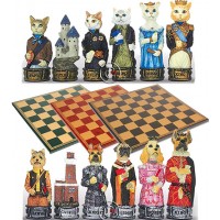 Completo scacchi artistici tematici, figure di cani e di gatti, Re h cm.8 e scacchiera Italfama, similcuoio, colore a scelta, cm. 40x40, campo da gioco cm. 36x36, casa cm. 4,5x4,5.