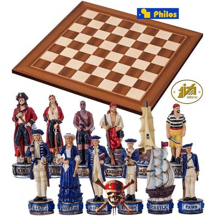 Completo scacchi tematici Pirati dei Caraibi vs Royal Navy. Re h cm.8 e scacchiera in legno, Londra, cm.45x45x1,3, casa mm.45x45.