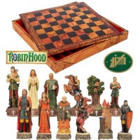 Scacchi artistici tematici Italfama figure del mondo si Robin Hood. Re h cm.8, con scacchiera, Backgammon con contenitore Italfama  in simil cuoio colorato antica carta geografica, dimensioni cm.35x35x4 con casa mm.35.