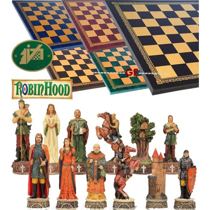 Scacchi artistici tematici Italfama figure del mondo si Robin Hood. Re h cm.8, con scacchiera Italfama, similcuoio, colore a scelta, cm. 33x33, casa cm. 3,5x3,5.