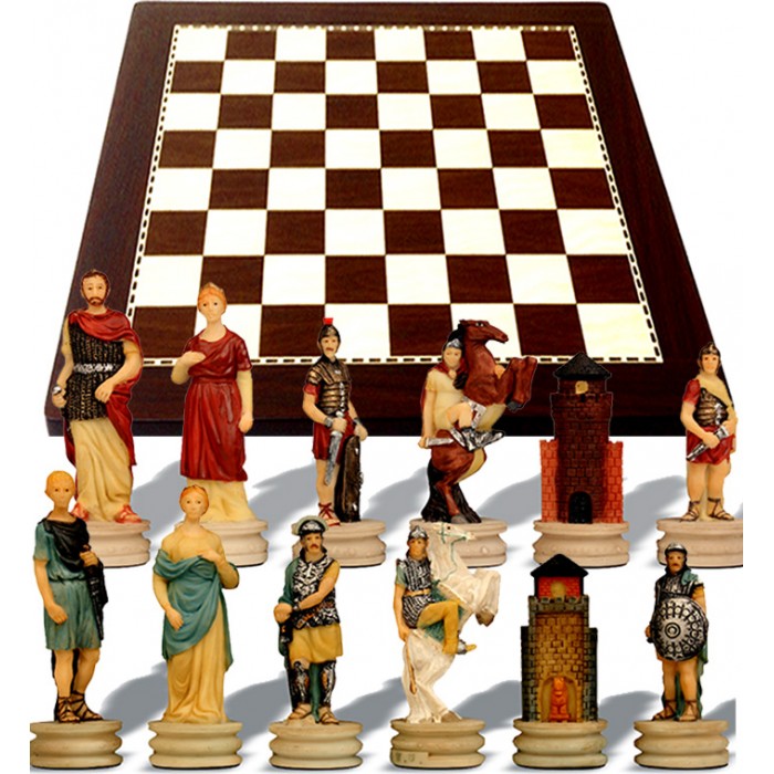 Scacchi artistici tematici Italfama guerre Romani contro Greci, Re h cm.8, con scacchiera simil legno ebano, dimensioni cm.40x40, casa mm.40.
