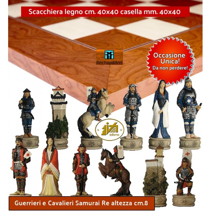 Scacchi artistici tematici Italfama,guerrieri e cavalieri Samurai. Re cm.8, abbinati ad una prestigiosa scacchiera Rechapados De Luxe in legno intarsiato  pregiata radica di frassino e acero cm. 40x40 casella m. 40x40. Occasione unica! 