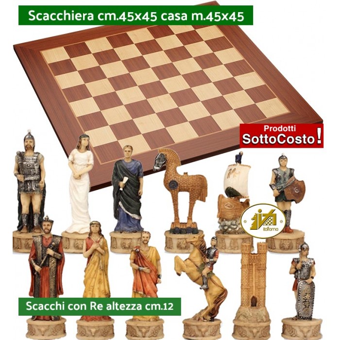 Scacchi artistici tematici Italfama, figure storica guerra di Troia Re cm.12, abbinati ad una prestigiosa scacchiera in legno intarsiato  ontano naturale e acero cm. 45x45 casella m. 45x45. Prezzo speciale.