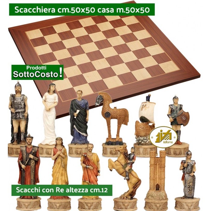 Scacchi artistici tematici Italfama, figure storica guerra di Troia Re cm.12, abbinati ad una prestigiosa scacchiera in legno intarsiato  ontano naturale e acero cm. 50x50x1,3 casella m. 50x50. Prezzo speciale.