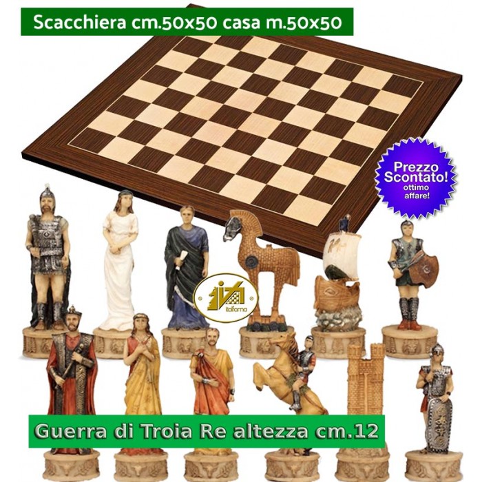 Scacchi artistici tematici Italfama, figure della Guerra di Troia. Re cm.12, abbinati ad una prestigiosa scacchiera in legno intarsiato  Cassia Siamese e Acero cm. 50x50 casella m. 50x50. Prezzo speciale.