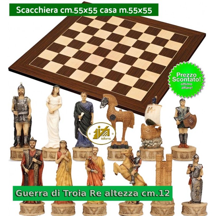 Scacchi artistici tematici Italfama, figure della Guerra di Troia. Re cm.12, abbinati ad una prestigiosa scacchiera in legno intarsiato  Cassia Siamese e Acero cm. 55x55 casella m. 55x55. Prezzo speciale.