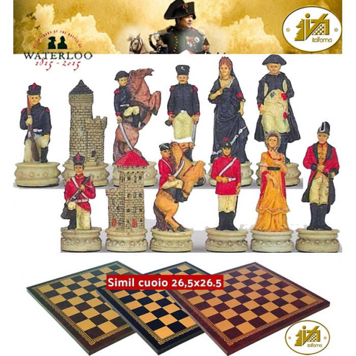 Scacchi artistici tematici Italfama, Napoleone vs Wellington nella battaglia di Waterlooo, Re h cm.4,3, scolpiti e dipinti a mano. Scacchi abbinati ad una scacchiera Italfama similcuoio, cm. 26,5x26,5, casa mm.25x25 Scacchi artistici tematici Italfama, Napoleone vs Wellington nella battaglia di Waterlooo, Re h cm.4,3, scolpiti e dipinti a mano. Scacchi abbinati ad una scacchiera Italfama similcuoio, cm. 26,5x26,5, casa mm.25x25