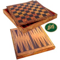 Scacchiera e Backgammon con contenitore porta scacchi Italafama. Scacchiera in simil cuoio colorato antica carta geografica, dimensioni cm.35x35x4 con casa mm.35. 