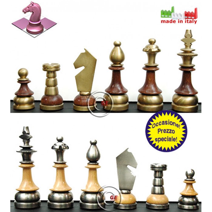 Set eleganti scacchi Staunton stilizzati in legno acciaio e ottone Italfama. Re h cm.9, base  cm.2,8. Made In Italy. Prezzo speciale!