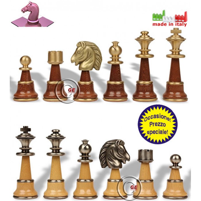 Set prestigiosi scacchi Staunton XL in legno acciaio e ottone Italfama. Re h cm.12,7, base  cm.4,5. Made in Italy. Prezzo speciale!