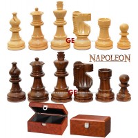 Napoleon set di scacchi legno sheesham e bosso naturale, lucidati a mano, tradizionale stile Staunton Franz Lardy. Re h mm.65, con scatola in simil radica.