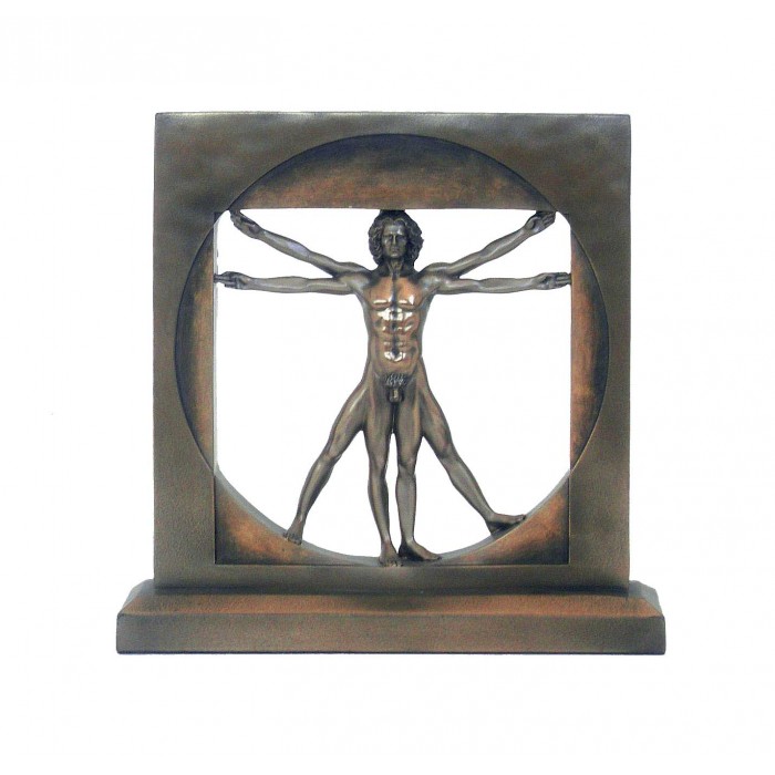 Statua Uomo Vitruviano di Leonardo da Vinci, riproduzione, in resina bronzata rifinita a mano cm. 22x22. Elegante prodotto firmato Italfama Firenze.