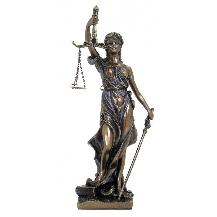 Statua Themis dea della Giustizia, riproduzione, in resina bronzata rifinita a mano h. cm.20. Elegante prodotto firmato Italfama Firenze.