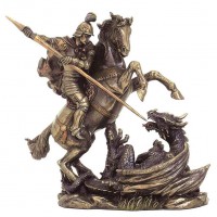 Statua in resina bronzata riproducente San Giorgio e il drago. Statua interamente rifinita a mano in ogni dettaglio, altezza cm,22. Elegante idea regalo della Italfama di Firenze-Italia. SR75858 
