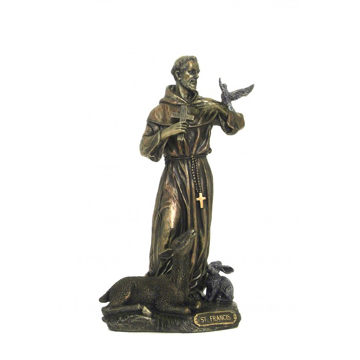 Statua San Francesco di Assisi in resina bronzata,  rifinita a mano in ogni minimo dettaglio,  altezza cm.22. Elegante prodotto Italfama Firenze. SR76058