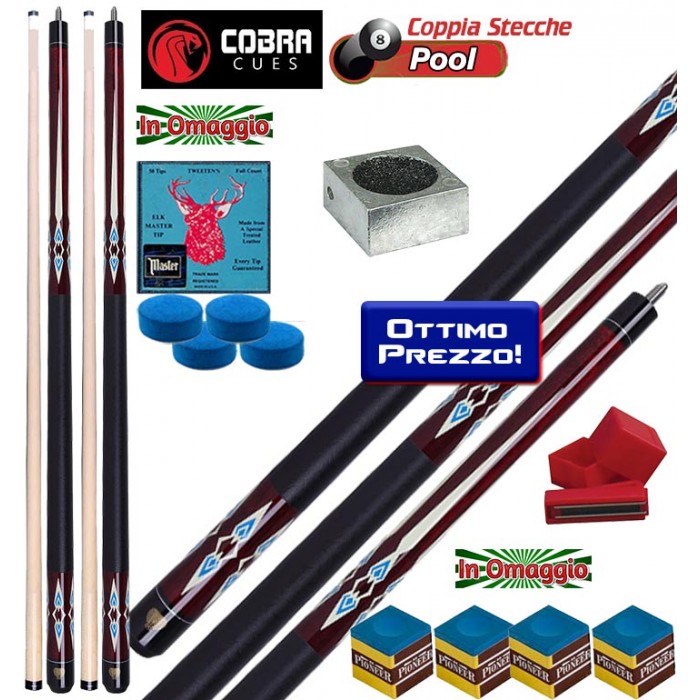 Biliardo Pool coppia stecche Cobra 102 Space 2, smontabili 2pz. lunghezza calcio + punta cm.147, peso 510-560gr/18-20oz. Punta in acero con cuoio diametro m.13, corredate da cuoi di ricambio, accessori e omaggio. 