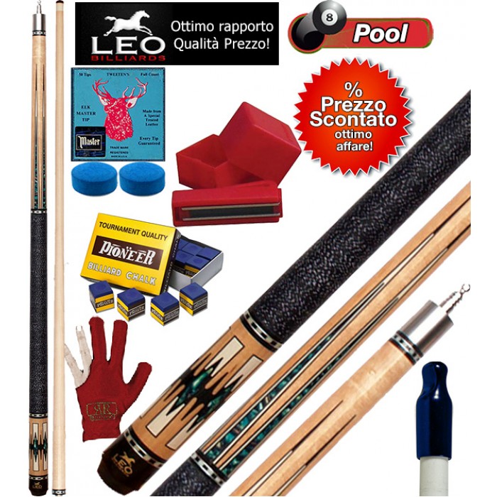 Biliardo Pool stecca semi pro Leo Billiards Star Barton, smontabile 2pz. lunghezza cm.147. Punta in acero con cuoio diametro m.12,8, con guanto, ricambio cuoi, proteggi cuoio, porta gesso magnetico e scatola da 12 gessi in omaggio. 