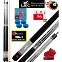 Biliardo Pool due (2) stecche semipro Leo Billiards Vip Champion smontabile 2pz. lunghezza cm.147. Punta in acero con cuoio diametro m.12,8, con 8 cuoi Elk Master di ricambio e un porta gesso magnetico. Offerta speciale per corredare il Vostro biliardo