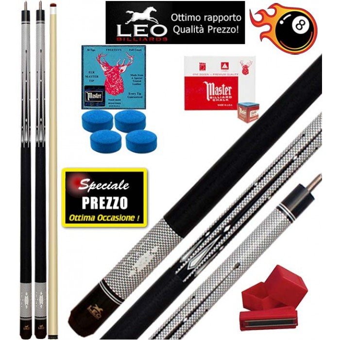 Biliardo Pool due (2) stecche semipro Leo Billiards Vip Champion smontabile 2pz. lunghezza cm.147. Punta in acero con cuoio diametro m.12,8, con 8 cuoi Elk Master di ricambio e un porta gesso magnetico. Offerta speciale per corredare il Vostro biliardo