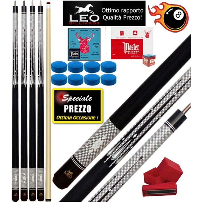 Biliardo Pool quattro stecche semipro Leo Billiards Vip Champion smontabile 2pz. lunghezza cm.147. Punta in acero con cuoio diametro m.12,8, con 8 cuoi Elk Master di ricambio e un porta gesso magnetico. Offerta speciale per corredare il Vostro biliardo