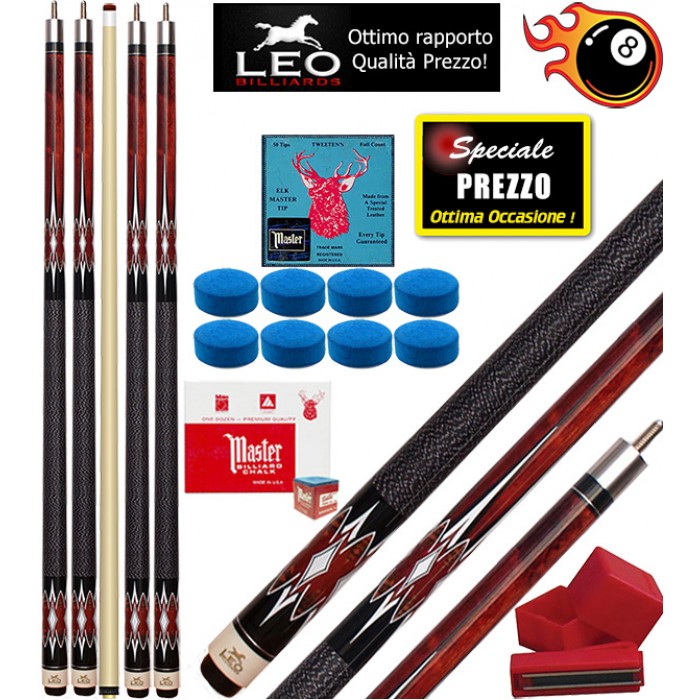 Biliardo Pool quattro stecche semipro Leo Billiards Vip Crono smontabile 2pz. lunghezza cm.147. Punta in acero con cuoio diametro m.12,8, con 8 cuoi Elk Master di ricambio e un porta gesso magnetico. Offerta speciale per corredare il Vostro biliardo