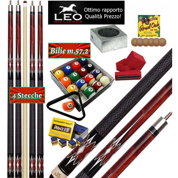 Biliardo Pool quattro stecche semipro Leo Billiards Vip Crono, smontabile 2pz. lunghezza cm.147. Punta in acero con cuoio diametro m.12,8, con set di bilie Pool, ricambi, accessori e omaggio. Offerta speciale per corredare il Vostro biliardo