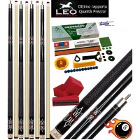 Biliardo Pool stecche semi pro Leo Billiards Sybert, quattro (4) stecche smontabili, L. cm.147. Punta in acero, cuoio m.12,8, con kit Tweeten Repair completo di ricambi per la manutenzione delle stecche.