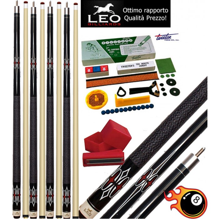 Biliardo Pool stecche semi pro Leo Billiards Sybert, quattro (4) stecche smontabili, L. cm.147. Punta in acero, cuoio m.12,8, con kit Tweeten Repair completo di ricambi per la manutenzione delle stecche. Biliardo Pool stecche semi pro Leo Billiards Sybert, quattro (4) stecche smontabili, L. cm.147. Punta in acero, cuoio m.12,8, con kit Tweeten Repair completo di ricambi per la manutenzione delle stecche.