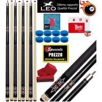 Biliardo Pool quattro stecche semipro Leo Billiards Star Sybert, smontabile 2pz. lunghezza cm.147. Punta in acero con cuoio diametro m.12,8, con 8 cuoi Elk Master di ricambio e un porta gesso magnetico. Offerta speciale per corredare il Vostro biliardo