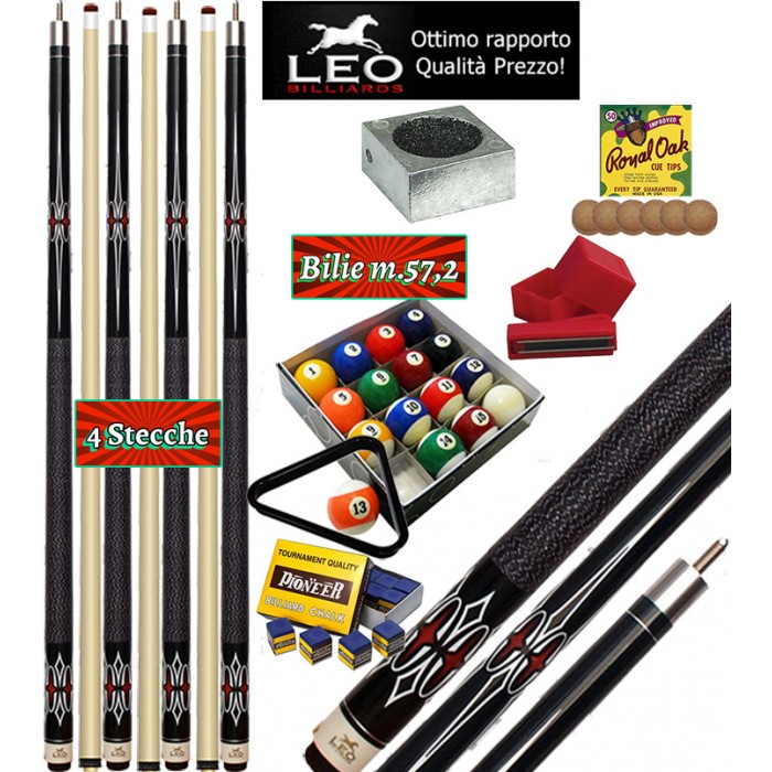 Biliardo Pool quattro stecche semipro Leo Billiards Star Sybert, smontabile 2pz. lunghezza cm.147. Punta in acero con cuoio diametro m.12,8, con set di bilie Pool, ricambi, accessori e omaggio. Offerta speciale per corredare il Vostro biliardo