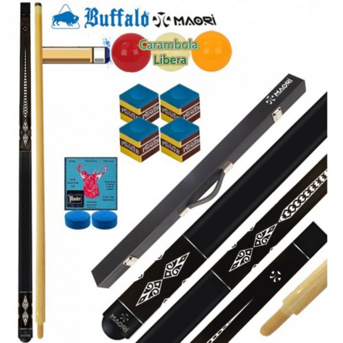 Stecca biliardo carambola libera (3 bilie) Buffalo Maori Black . Stecca 2 pezzi calcio e punta lunghezza complessiva cm.140 diametro al cuoio mm.11,5. Stecca in acero, giunto con filettatura in legno, con valigetta porta stecca Maori.