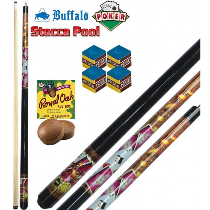 Stecca biliardo pool-carambola (15 palle) Buffalo Poker, smontabile 2 pezzi, lunghezza cm.145, cuoio m.13. Grafica ispirata al poker. Dotazione ricambi e accessori