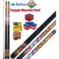 Coppia stecche biliardo pool (carambola 15 palle) Buffalo Poker, smontabili 2 pezzi, lunghezza cm.145, cuoio m.13. Grafica ispirata al poker. Dotazione ricambi e accessori