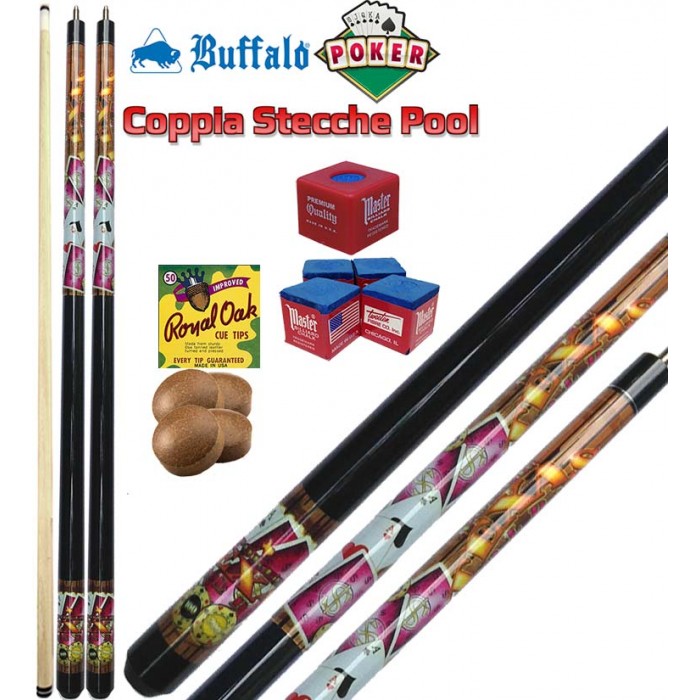 Coppia stecche biliardo pool (carambola 15 palle) Buffalo Poker, smontabili 2 pezzi, lunghezza cm.145, cuoio m.13. Grafica ispirata al poker. Dotazione ricambi e accessori