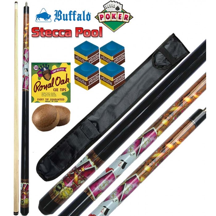 Stecca biliardo pool (carambola 15 palle) Buffalo Poker, smontabile 2 pezzi, lunghezza cm.145, cuoio m.13. Grafica ispirata al poker. Dotazione fodero porta stecca basic, ricambi e accessori omaggio