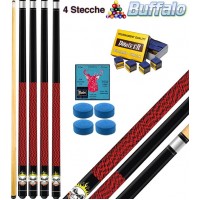 Buffalo Rocky quattro (4) stecche biliardo smontabili 2 pz. tutte le discipline pool. Lunghezza cm.145, punta  mm.12, con cuoi di ricambio e omaggio.