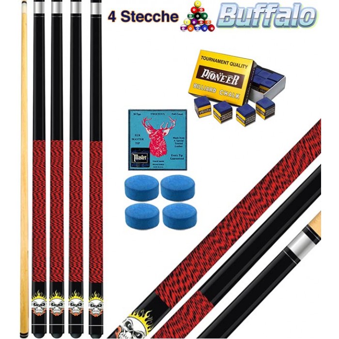 Buffalo Rocky quattro (4) stecche biliardo smontabili 2 pz. tutte le discipline pool. Lunghezza cm.145, punta  mm.12, con cuoi di ricambio e omaggio.