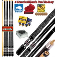 Stecca biliardo pool (carambola), quattro (4) stecche  Rodney black smontabili 2 pz. Lunghezza cm.145, punta diametro m.12. Peso 18/19oz, con accessori e ricambi e omaggio. Offerta promozionale.