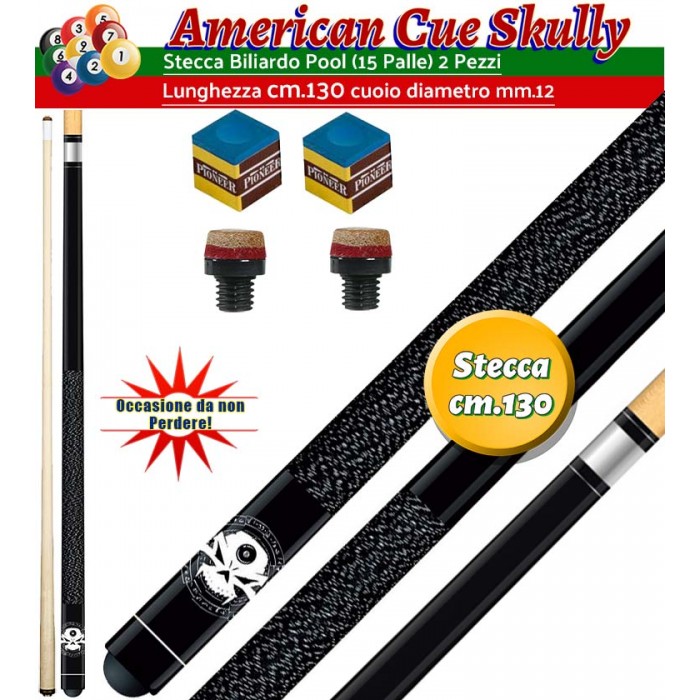 Stecca biliardo Pool per tutte le specialità Skully smontabile 2 pz. lunghezza cm.130 cuoio m.12 a vite, allestita con 2 cuoi di ricambio e 2 cubetti di gesso per stecca Pioneer in omaggio