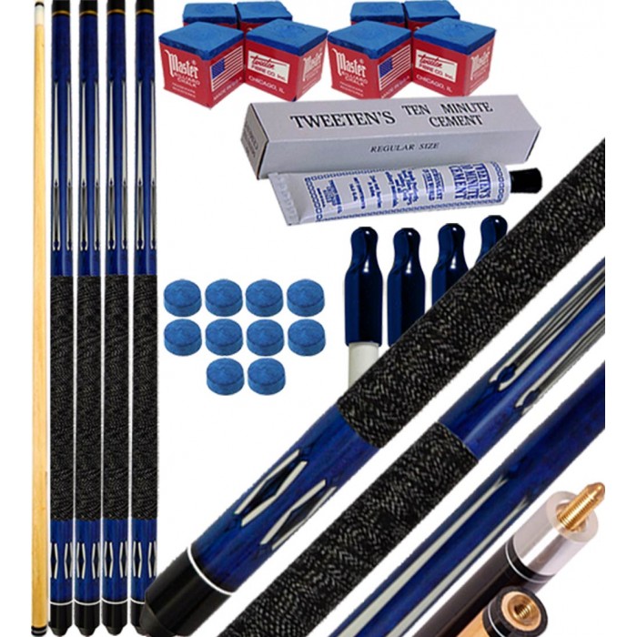 Buffalo Tycoon blu kit 4 stecche biliardo pool cm.145, punta  mm.12, smont.li 2 pz. accessori, ricambi e omaggio, vedi dettagli.