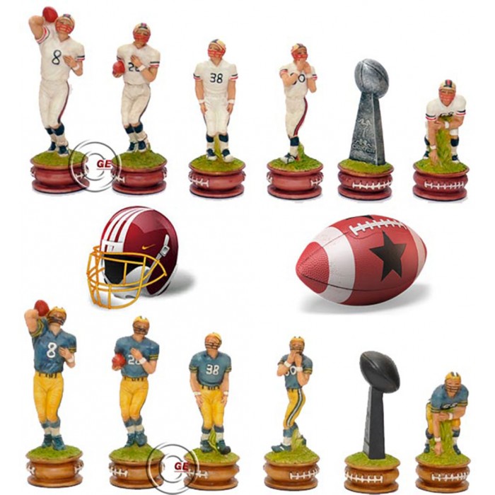 Scacchi artistici tematici, in resina dipinti a mano, Italfama Firenze. Football Americano figure di giocatori del rugby americano. Re ht. cm.8. base diametro cm.2,5. Offerta speciale