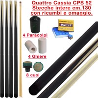 CPS Cassia 52 quattro stecche intere cm.130 biliardo tutte le discipline con cuoi, ghiere-ferule e paracolpo di ricambio. Gessi in omaggio.