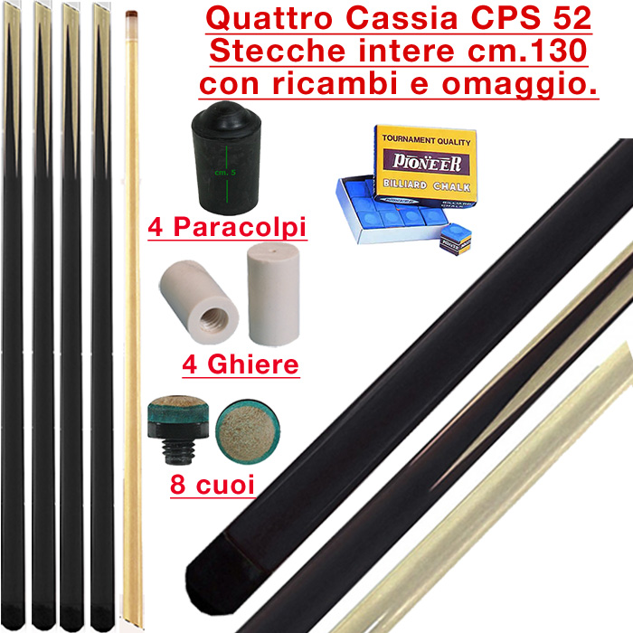 CPS Cassia 52 quattro stecche intere cm.130 biliardo tutte le discipline con cuoi, ghiere-ferule e paracolpo di ricambio. Gessi in omaggio.